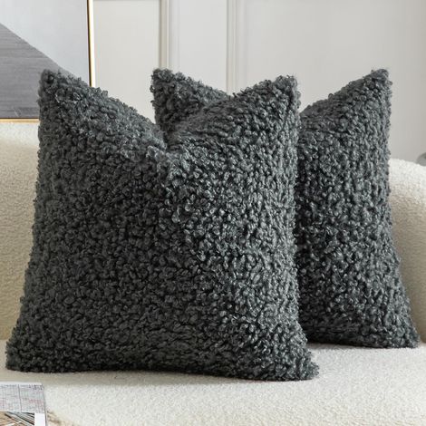 Juego de 2 fundas de almohada decorativas de piel sintética Sherpa, suaves y esponjosas, de piel de oveja para sofá, cama y sala de estar, 45,7 x 45,7 cm, color gris (1/4)
