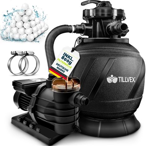 tillvex Sandfilteranlage Pool 10 m³/h inkl. 800g Filterbälle AquaBlack Pro Filteranlage 7-Wege Ventil & 2in1 Adapter Ø32mm - 38mm Poolfilter mit Druckanzeige Sandfilter für Schwimmbecken (1/5)