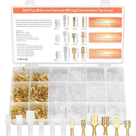 Kabelschuhe Set, 300 Stk Flachsteckhülsen Set, Männlich Weiblich Flachstecker Kit, Flachsteckverbinder Kabelstecker mit Isolierhülse, Isolierte Crimpverbinder Kabelverbinder, 2,8 mm 4,8 mm 6,3 mm (1/5)