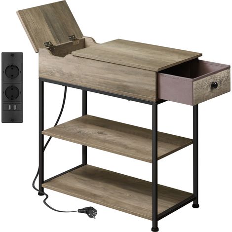 Table d’appoint avec prises, 3 niveaux avec rangement, 2 prises AC et 2 ports USB, plateau rabattable, pour salon et bureau, aspect gris beige (1/5)