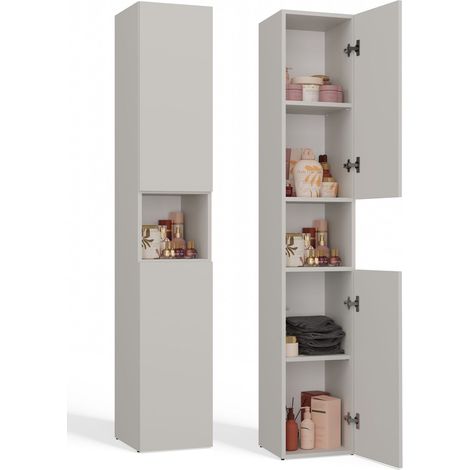 CDF Bad-Hochschrank NEL l Farbe: Beige Modernes Badregal Stauraumschrank Geräumige Einlegeböden Türen Einfache Montage Stilvolle Griffe