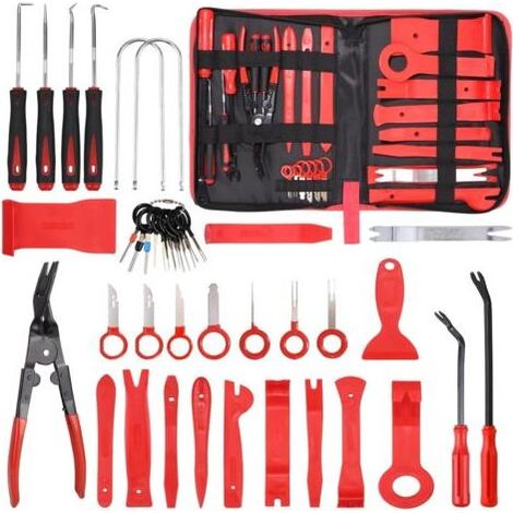 Kit d'outils de démontage de garnitures, 40 outils de démontage d'autoradio, outils de démontage de garnitures pour accessoires de panneau, autoradio, tableau de bord (rouge) (1/5)