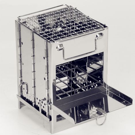 Réchaud à bois de camping, mini réchaud compact, portable et pliable en acier inoxydable, multi-combustibles, avec sac de rangement, idéal pour la randonnée, les pique-niques et les barbecues. (1/5)