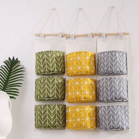 Set di 3 borse portaoggetti da parete, in cotone e lino, con 3 ampie tasche, per camera da letto/bagno, 2060 cm. (1/5)