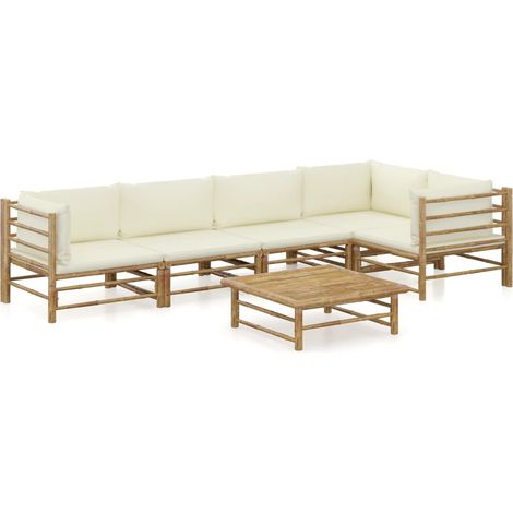 6-tlg. Garten-Lounge-Set mit Cremeweißen Kissen Bambus