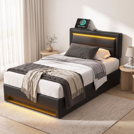 lit coffre 90x190 avec USB, LED et rangement PU noir HAVRYA (1/5)