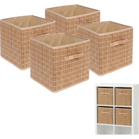 Relaxdays Set de 4 cestas de bambú y tela para estantería y baño, con asa, 28 x 28 x 28 cm, plegables, color natural (1/5)