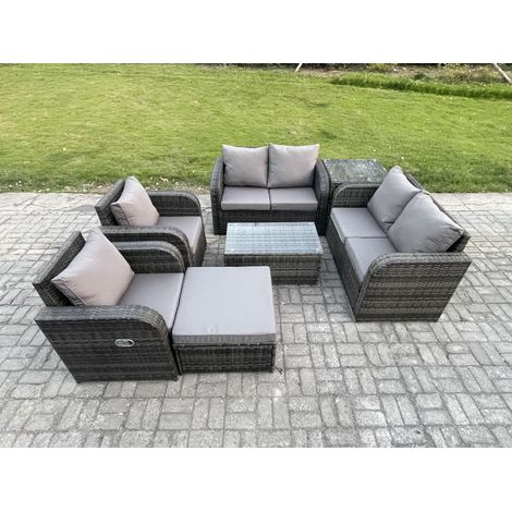 Fimous Salon de jardin en rotin 7 places avec 2 Chaises inclinables Table basse rectangulaire grand tabouret Tables d'appoint Mélange gris foncé (1/5)