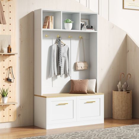 Ensemble d'entrée avec banc et range-chaussures – Banc de rangement multifonction avec 3 crochets et espace de rangement ouvert – Unité de rangement et étagère rectangulaire pour hall d'entrée