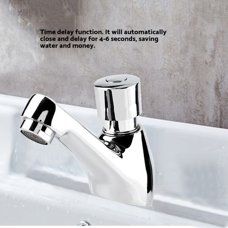 Robinet de lavabo chromé à fermeture automatique et temporisée pour cuisine et salle de bain publiques, avec économie d'eau. (1/5)