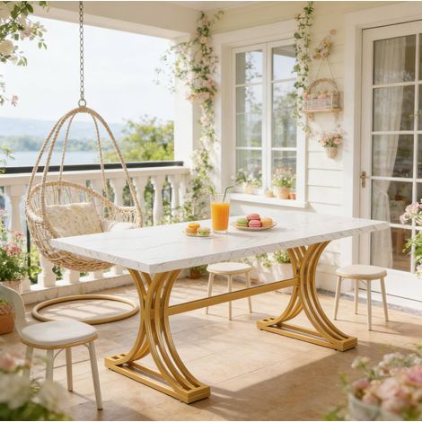 Table da pranzo in marmo e metallo bianco e oro 160x80 cm per 4-6 persone (1/5)