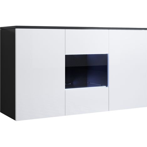 Aparador de salon con LED colgante 2 puertas 1 vitrina  Mueble de salon  120x70x40cm  Modelo Luke A2  Negro con Blanco brillo