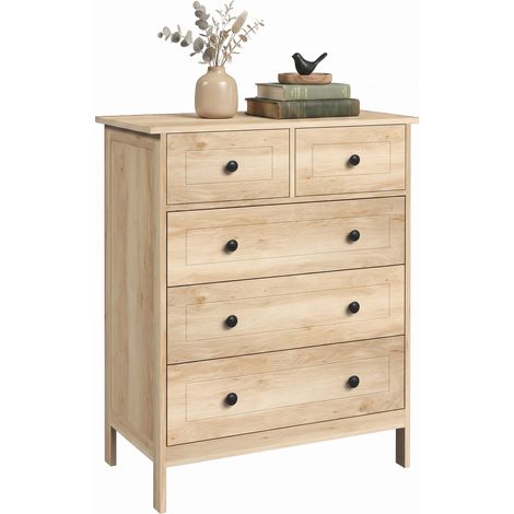 Commode - HOMCOM - 5 tiroirs meuble chambre bureau entrée style contemporain - bois - 74x40x91cm - chêne
