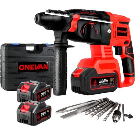 Onevan – Marteau perforateur sans fil 850W – Moteur Brushless – 4 fonctions – SDS-PLUS – 2 batteries 3.0Ah – Capacité béton 16mm, bois 26mm - 10PCS