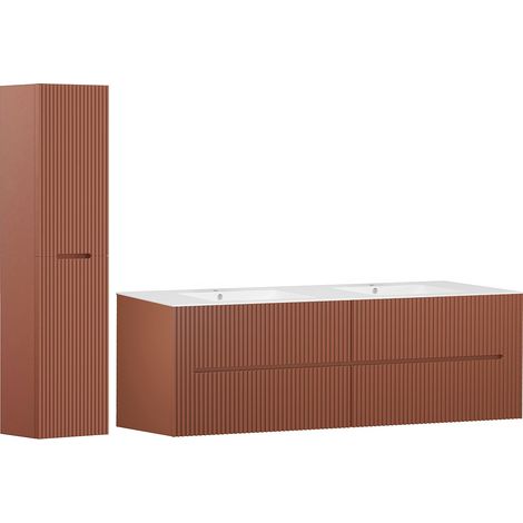 Mobile per bagno sospeso e lavabo da incasso e colonna Con scanalature 150 cm Terracotta - PAVANI