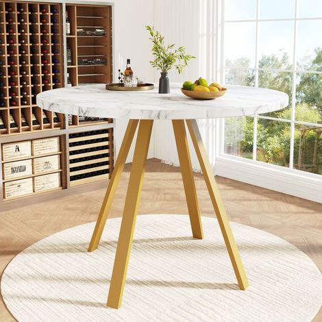 Table de Cuisine 80 x 80 x 75 cm table ronde 4 personnes cadre métal doré effet marbre blanc (1/5)
