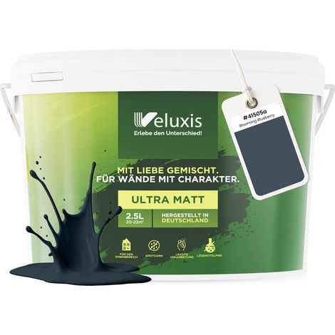 Peinture murale bleu gris anthracite mate pour intérieur – pouvoir couvrant classe 1, sans COV, sans apprêt, format économique – salon et chambre – 2,5 L – Veluxis (Blooming Blueberry)