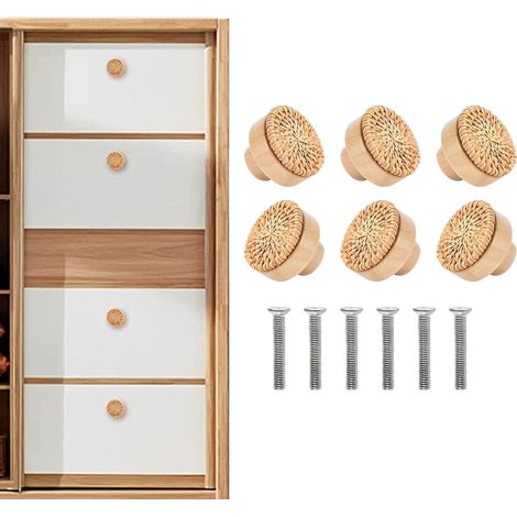 6 boutons de meubles en rotin - Pour tiroirs et tiroirs - Avec vis - Boutons ronds en bois pour commode, meubles, armoire, tiroir - 40 x 30 mm (1/5)