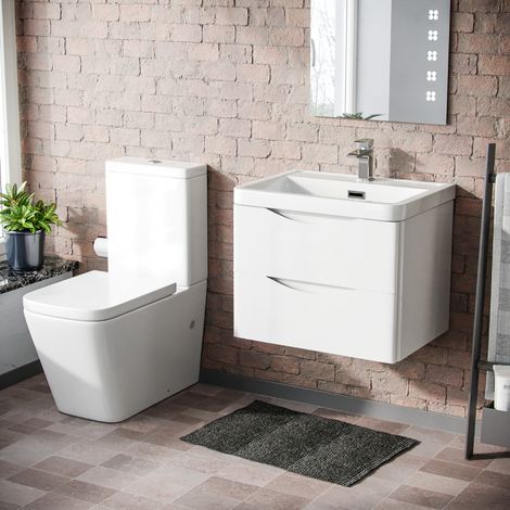 Merton 600mm Wall Hung Vanity Basin Unit & Square Rimless Close Coupled Toilet White Gloss (1/5)