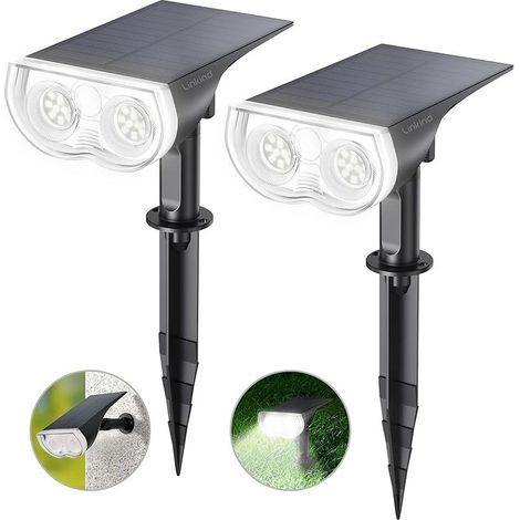 LED Solarlampen für Balkon, 6500K Tageslichtweiß Solarleuchte Licht-Sensorik Gartenstrahler, IP65 Wasserdicht Außenwandleuchte 800LM Solar Strahler für Palmen, Hauswand, StarRay Serie, 2 Stück (1/5)