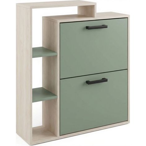 Sena - Platzsparender Schuhschrank mit 2 Türen, 80x90x24,5 cm, für 12 Paar Schuhe, mit Regalböden und Ablagefach aus Holz, Farbe Salbeigrün (1/5)