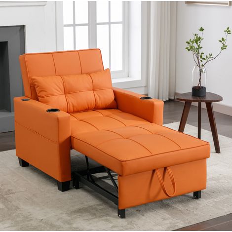 Divano letto singolo 74x87x84 cm, 3 in 1, con portabicchieri, tasca laterale, legno e metallo, arancione (1/5)