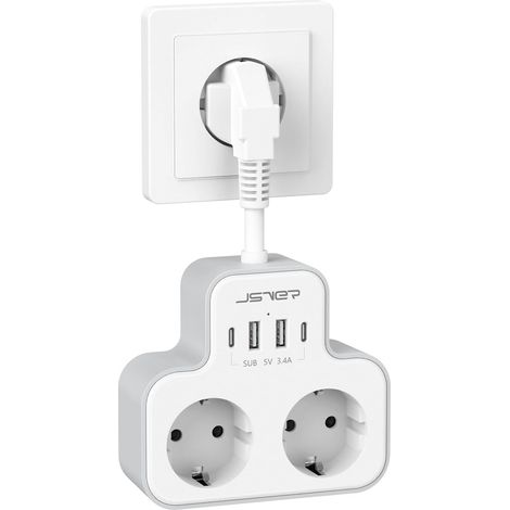 Multiprise avec USB, Multiprise Murale 2 Prises avec 2 USB A et 2 Type C(5 V/3,4 A 17 W) électrique avec Câble Court pour Maison, Cuisine, Bureau-Blanc (1/5)