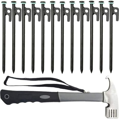 Piquets de tente robustes en acier forgé non courbés - Piquets de camping idéaux pour les endroits rocheux/durs (20 cm, 12 pièces + marteau de tente)