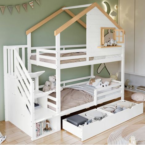 Lit superposé cabane 90x200 cm en bois massif et MDF blanc+naturel avec escalier de rangement et 2 tiroirs (1/5)