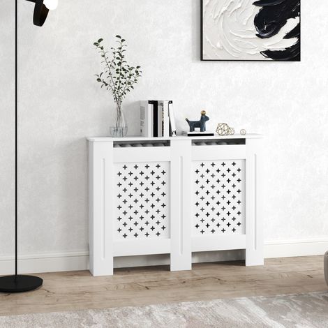 Cache radiateur en bois blanc, grille à croisillons pour séjour et chambre, dimensions 112 x 19 x 81,5 cm, habillage mural élégant, protection thermique, panneau décoratif. (1/5)
