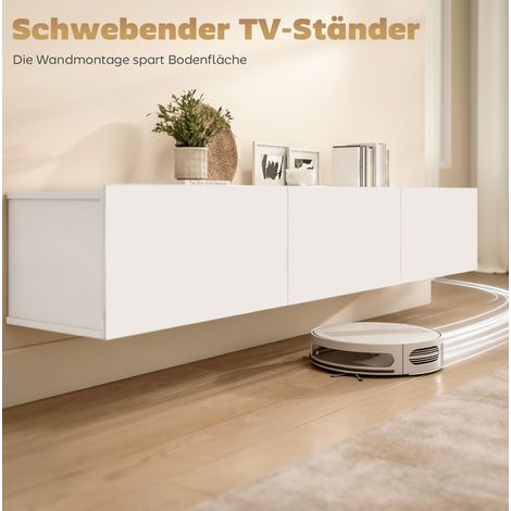 MODFU – Mueble TV suspendido 180 cm de paneles FSC con 3 puertas abatibles, cierre suave, para TV hasta 82 pulgadas y acabado melamínico – Blanco (1/5)