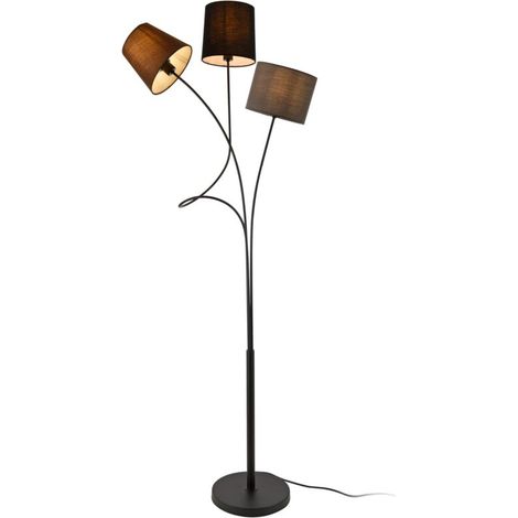 Lampadaire sur pied 146 cm – 3 abat-jours en tissu marron noir gris – Armature métal noir – Douilles E14 max 40W