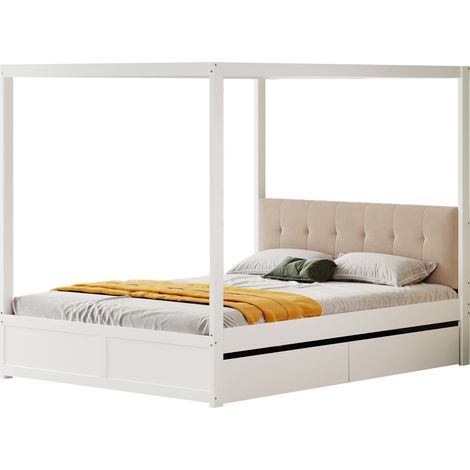 Lit cabane enfant 140x200 cm, 2 tiroirs, blanc, structure en bois, sans matelas - FLORAGRACE (1/5)