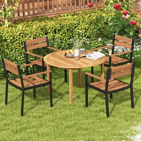 Pour 4 personnes, nettoyage simple, table à manger ronde intérieur extérieur en bois d'acacia (1/5)