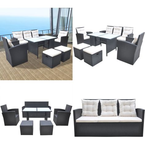 6-tlg. Garten-Essgruppe mit Kissen Poly Rattan Schwarz - Gartenmöbeln - Rattan Gartenmöbel - Outdoor Essgruppe - Esstisch - Sofa - Home & Living (1/5)
