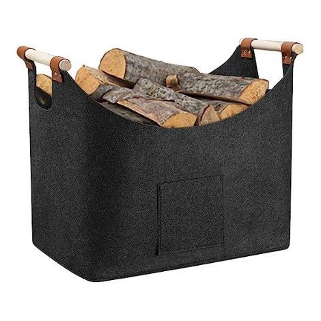 Panier à bûches en feutre – Capacité 13 kg – Dimensions 45 x 32 x 40 cm – Poignée en bois avec revêtement cuir – Rangement bois cheminée (1/5)