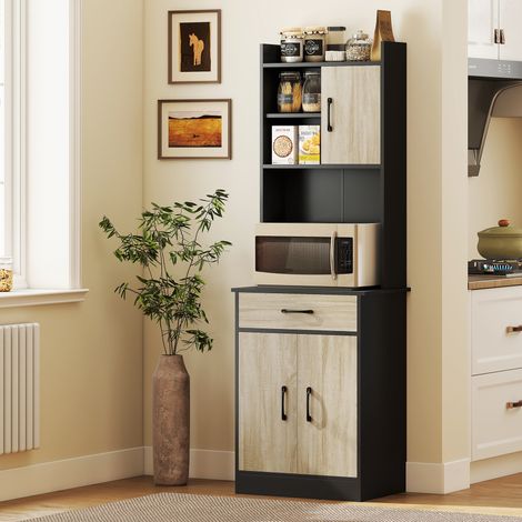 Buffet haut cuisine, armoire de cuisine, tiroir, 3 portes, étagères ouvertes, plan de travail, 60x40x180cm, bois naturel