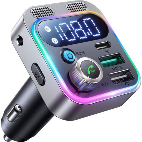 Émetteur FM Bluetooth - Bluetooth 5.3 - Double Microphone CVC 8.0 - Sortie Audio Hi-Fi - Charge PD 30 W + QC 3.0 - Pour Voiture 12-24 V - 1 Pièce