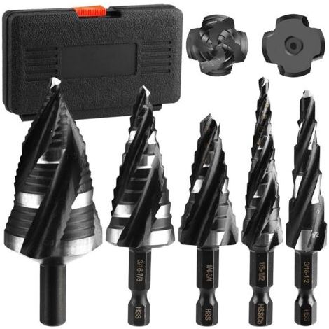 Applicable Jeu de 5 forets étagés à quatre cannelures hélicoïdales for métal, 50 tailles de forets HSS revêtus de titane avec tige hexagonale de 6,35 mm for acier inoxydable, aluminium, bois et plasti (1/5)