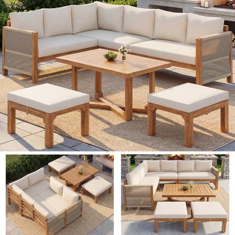 Salon jardin modulaire akazi, canapé angle 6 places, coussins + 2 tabourets + table akazi, respirant étanche (1/5)