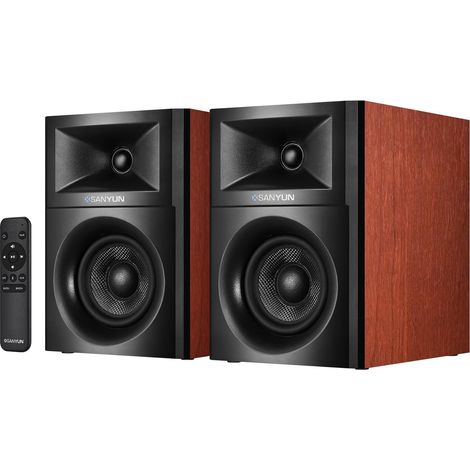 Enceintes Bibliothèque 2.0 4”, Scène Sonore Élargie, Dual-DSP  DAC 24 bits Intégré, Bluetooth 5.4/Optique/AUX, Woofer Fibre de Verre 80W 10cm, Tweeter Soie, Télécommande RF (Paire, Rouge) (1/5)