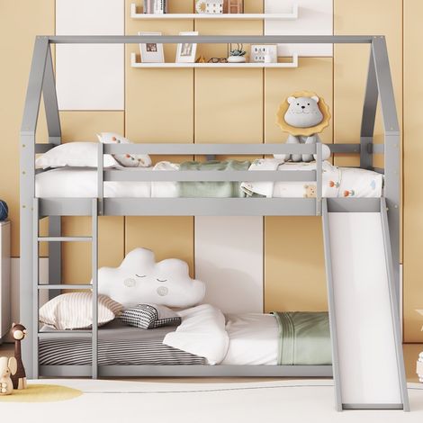 Lit superposé cabane enfant 140x200 cm avec toboggan et échelle, lit double en pin et MDF avec barrières de sécurité, gris (1/5)