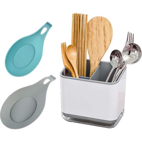 Kitchen Cutlery Drainer, Kitchen Sink Organizer, Cutlery Rack with 3 Compartments, Cutlery Drainer and Pot and Spoon Holder, for Storing Knives, Forks and Spoons (1/5)