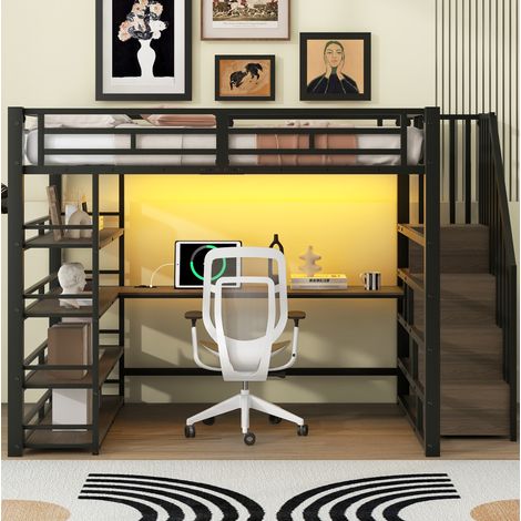 Cama alta con escritorio y estantes LED negra 140x200 HAVRYA (1/5)