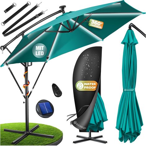 KESSER® Parasol déporté ALU LED solaire, manivelle, avec housse - 300cm, Vert pétrole (1/5)