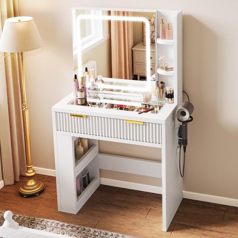 Coiffeuse avec éclairage LED réglable et Prises de Courant, Table de Maquillage avec Plateau en Verre Transparent, Coiffeuse pour Chambre à Coucher, 1 tiroir et 4 Compartiments, Blanc (1/5)