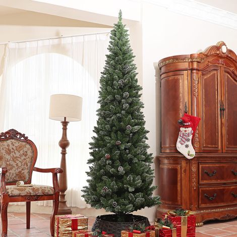 Sapin de Noël artificiel de 225 cm avec 980 branches, 38 pommes de pin et support en métal, sapin de Noël vert pour salon intérieur (1/5)