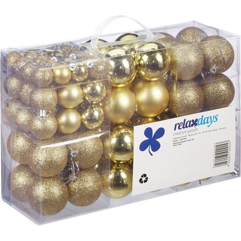 Relaxdays Set de 100 bolas de Navidad, Decoración navideña, Mate, Brillante, Árbol de navidad, ∅ 3,4 & 6 cm, Dorado (1/5)