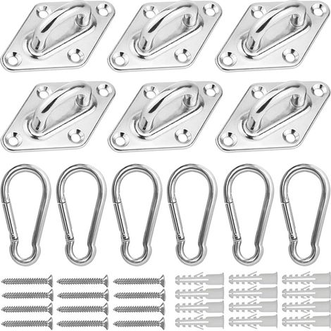 12 Pièces M5 Platine Oeil INOX et Mousqueton Platine Ancrage INOX Crochet Oeillet INOX Plaque à œillet Crochets de Plafond Support Mural avec Vis (1/5)
