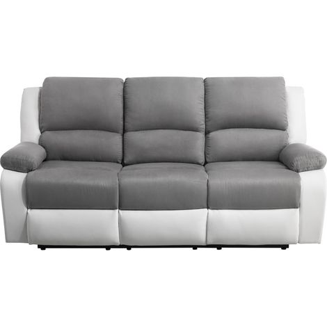 Canapé de relaxation électrique 3 places – Microfibre et simili – Inclinaison jusqu'à 170° – Confort optimal – Blanc et gris – Usinestreet